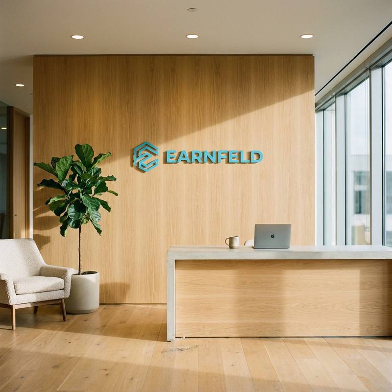 Earnfeldのオフィス受付。木目の壁にEarnfeldのロゴが掲げられ、観葉植物とアームチェアが自然光に照らされている