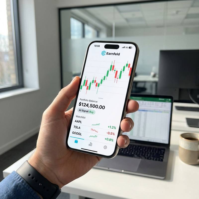 Earnfeldアプリを表示したスマートフォンを手に持つ様子。ローソク足チャート、ポートフォリオ残高、AIシグナル、ウォッチリストが映り、背景にはオフィスのデスク