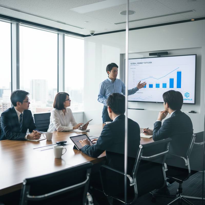 東京のオフィスの会議室で、Earnfeldのチームが大型スクリーンに映したグローバル市場見通しのレポートを検討している様子